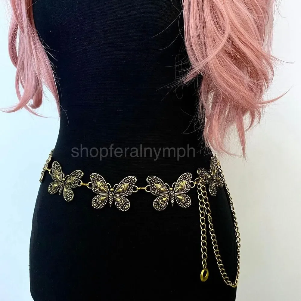 Antique Gold Y2K Butterfly Fairycore Chain Belt, Fits 15-46 Inches, X7GA1273